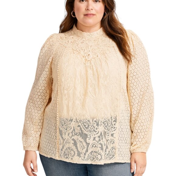 Torrid Womens Mixed Lace High Neck Top Beige Long Sleeve Plus Size 4 | 4X - Picture 1 of 15